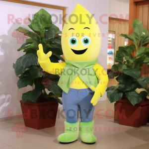Lemon Yellow Spinach mascot costume character dressed with a Bootcut Jeans and Mittens