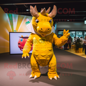 Yellow Triceratops mascot costume character dressed with a One-Piece Swimsuit and Mittens