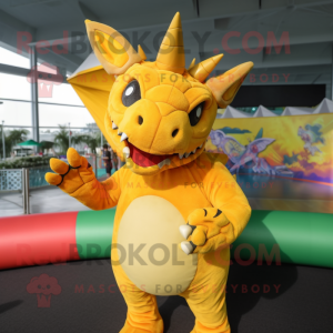 Yellow Triceratops mascot costume character dressed with a One-Piece Swimsuit and Mittens