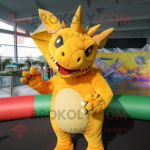 Yellow Triceratops mascot costume character dressed with a One-Piece Swimsuit and Mittens