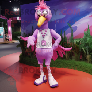Lavender Flamingo mascot costume character dressed with a Joggers and Headbands