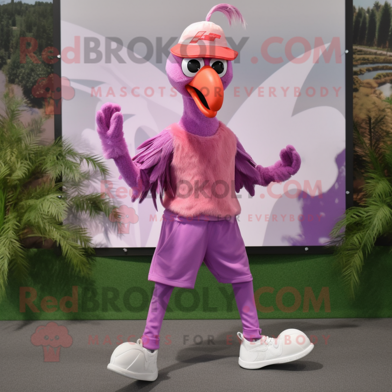 Lavender Flamingo mascot costume character dressed with a Joggers and Headbands