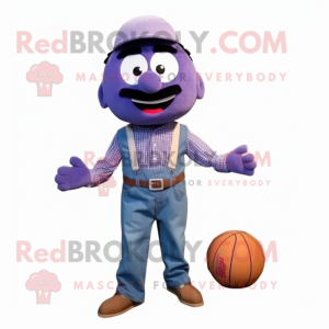 Purple Basketball Ball mascot costume character dressed with a Denim Shirt and Bow ties