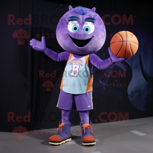 Purple Basketball Ball mascot costume character dressed with a Denim Shirt and Bow ties