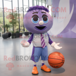 Purple Basketball Ball mascot costume character dressed with a Denim Shirt and Bow ties