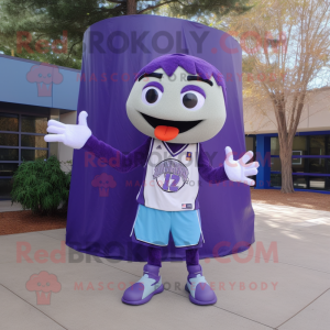 Purple Basketball Ball mascot costume character dressed with a Denim Shirt and Bow ties