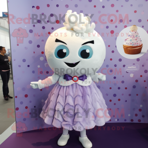 Lavender Cupcake mascot costume character dressed with a Mini Skirt and Tie pins