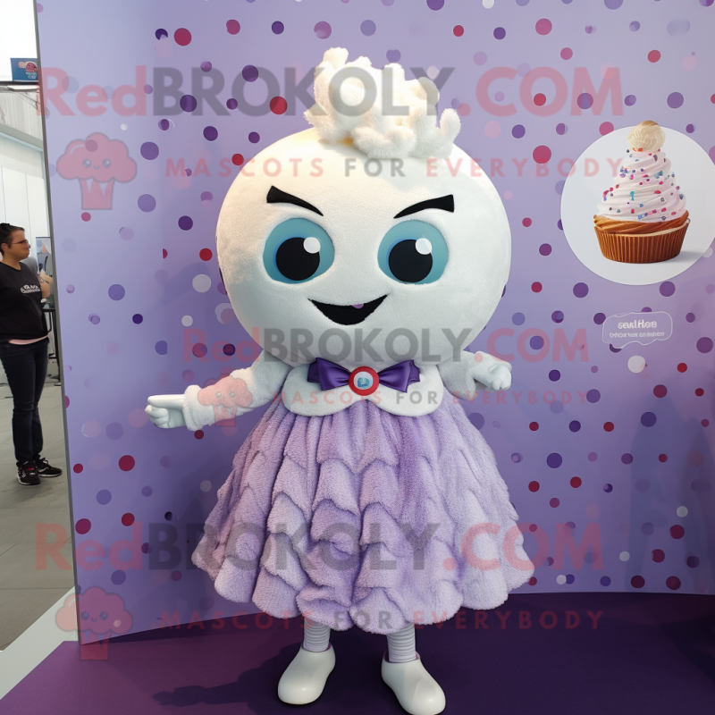 Lavender Cupcake mascot costume character dressed with a Mini Skirt and Tie pins Lavender Cupcake mascot costume character dressed with a Mini Skirt and Tie pins