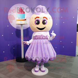 Lavender Cupcake mascot costume character dressed with a Mini Skirt and Tie pins