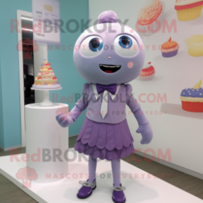 Lavender Cupcake mascot costume character dressed with a Mini Skirt and Tie pins