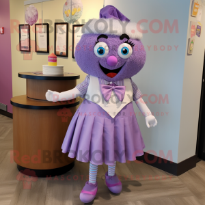 Lavender Cupcake mascot costume character dressed with a Mini Skirt and Tie pins