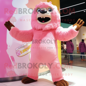 Pink Giant Sloth mascot costume character dressed with a One-Piece Swimsuit and Mittens