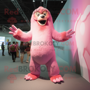 Pink Giant Sloth mascot costume character dressed with a One-Piece Swimsuit and Mittens