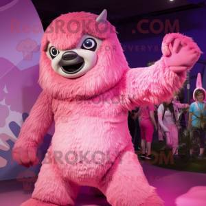 Pink Giant Sloth mascot costume character dressed with a One-Piece Swimsuit and Mittens