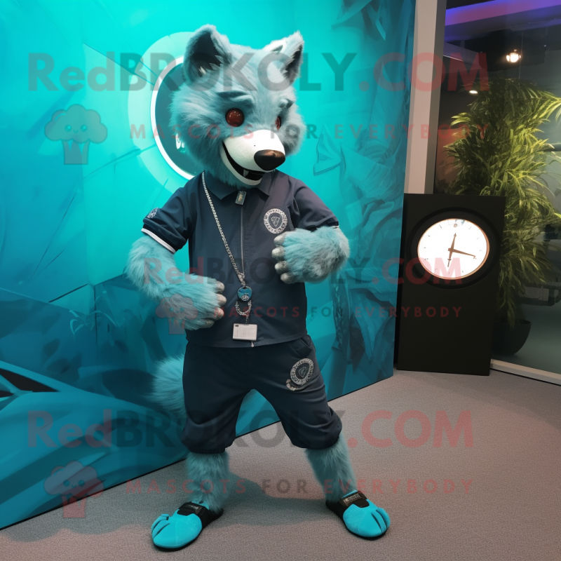 Cyan Hyena mascot costume character dressed with a Jumpsuit and Bracelet watches