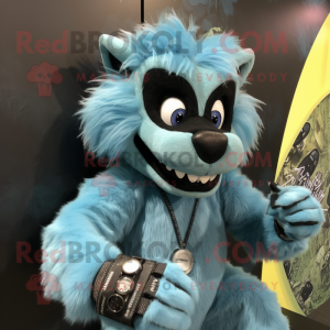 Cyan Hyena mascot costume character dressed with a Jumpsuit and Bracelet watches