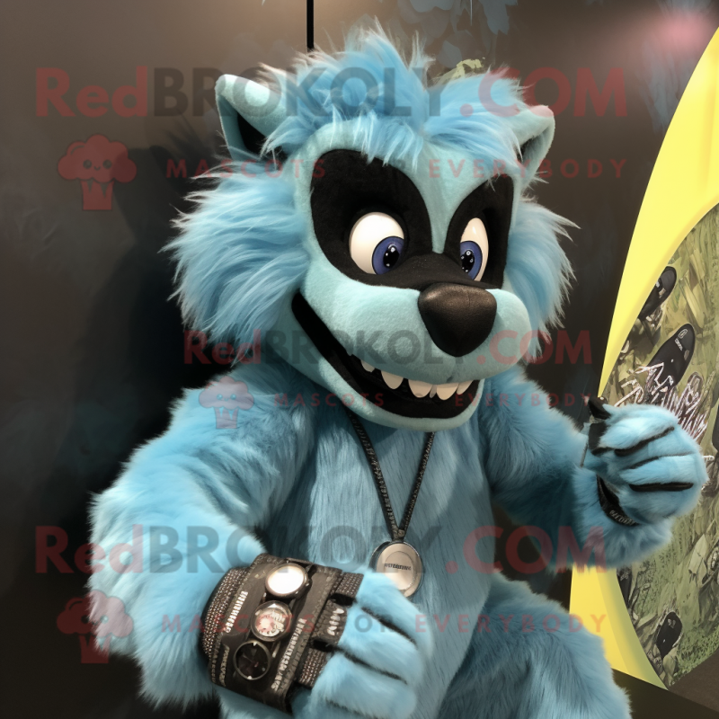 Cyan Hyena mascot costume character dressed with a Jumpsuit and Bracelet watches Cyan Hyena mascot costume character dressed with a Jumpsuit and Bracelet watches