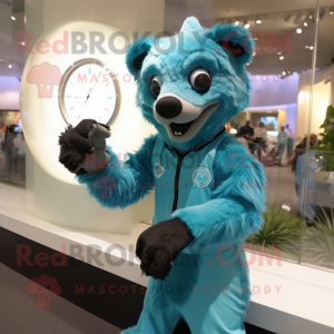 Cyan Hyena mascot costume character dressed with a Jumpsuit and Bracelet watches