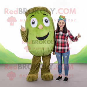 Olive Green Bean mascot costume character dressed with a Flannel Shirt and Hair clips