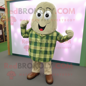 Olive Green Bean mascot costume character dressed with a Flannel Shirt and Hair clips
