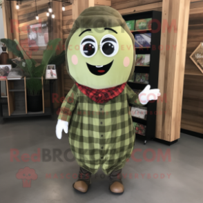 Olive Green Bean mascot costume character dressed with a Flannel Shirt and Hair clips