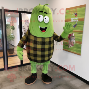 Olive Green Bean mascot costume character dressed with a Flannel Shirt and Hair clips