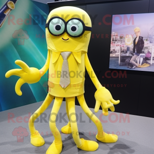 Lemon Yellow Kraken mascot costume character dressed with a Dress Pants and Eyeglasses