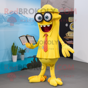 Lemon Yellow Kraken mascot costume character dressed with a Dress Pants and Eyeglasses