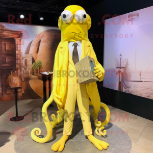 Lemon Yellow Kraken mascot costume character dressed with a Dress Pants and Eyeglasses