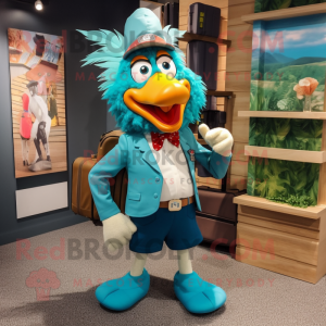 Teal Rooster mascot costume character dressed with a Suit and Backpacks