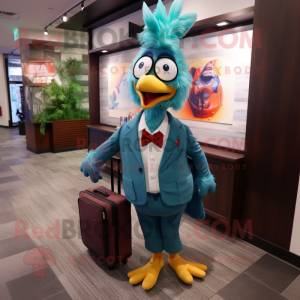 Teal Rooster mascot costume character dressed with a Suit and Backpacks