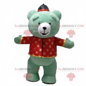 Mascotte de nounours vert gonflable habillé en tenue asiatique