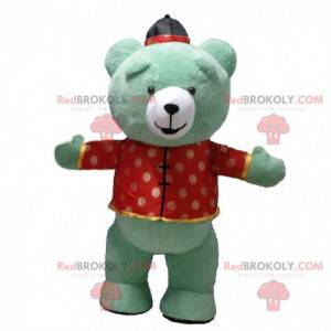 Opblaasbare groene teddy mascotte gekleed in Aziatische outfit