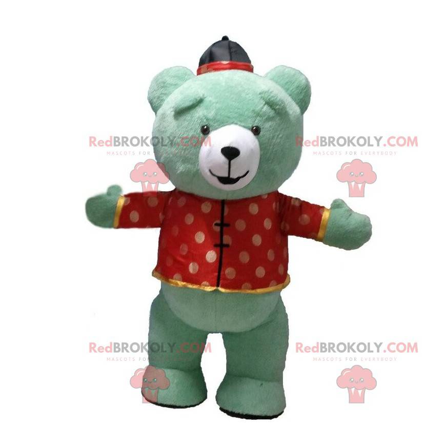Opblaasbare groene teddy mascotte gekleed in Aziatische outfit