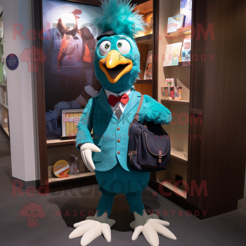 Teal Rooster mascot costume character dressed with a Suit and Backpacks