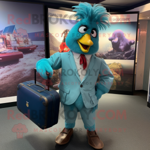 Teal Rooster mascot costume character dressed with a Suit and Backpacks