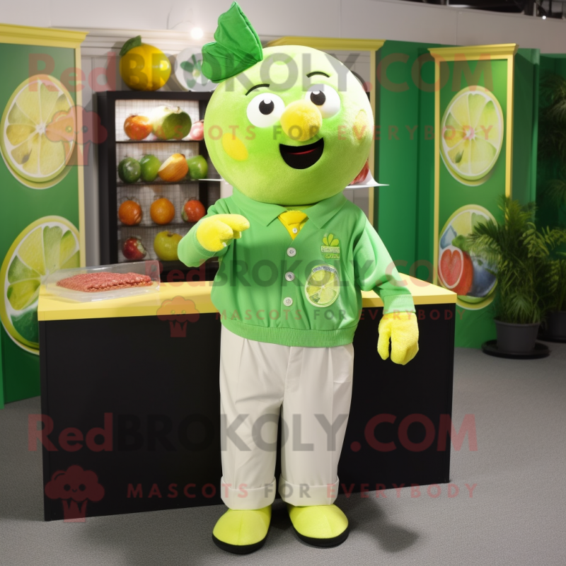 Green Lemon mascot costume character dressed with a Button-Up Shirt and Earrings Green Lemon mascot costume character dressed with a Button-Up Shirt and Earrings