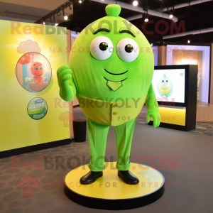 Green Lemon mascot costume character dressed with a Button-Up Shirt and Earrings