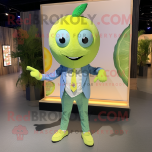 Green Lemon mascot costume character dressed with a Button-Up Shirt and Earrings