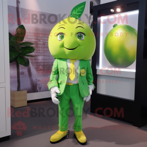 Green Lemon mascot costume character dressed with a Button-Up Shirt and Earrings