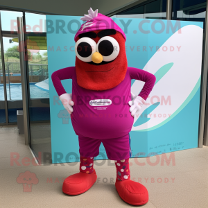 Magenta Moussaka mascot costume character dressed with a Swimwear and Headbands