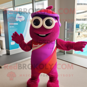 Magenta Moussaka mascot costume character dressed with a Swimwear and Headbands