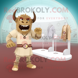 Beige Minotaur mascot costume character dressed with a Bikini and Earrings