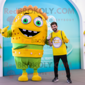 Yellow Falafel mascot costume character dressed with a Playsuit and Smartwatches