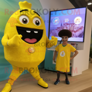 Yellow Falafel mascot costume character dressed with a Playsuit and Smartwatches
