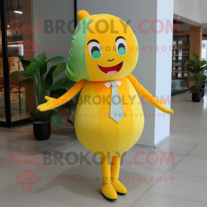 Lemon Yellow Grapefruit mascot costume character dressed with a Sheath Dress and Foot pads