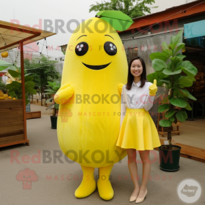 Lemon Yellow Grapefruit mascot costume character dressed with a Sheath Dress and Foot pads