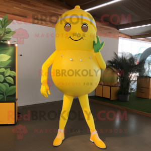 Lemon Yellow Grapefruit mascot costume character dressed with a Sheath Dress and Foot pads