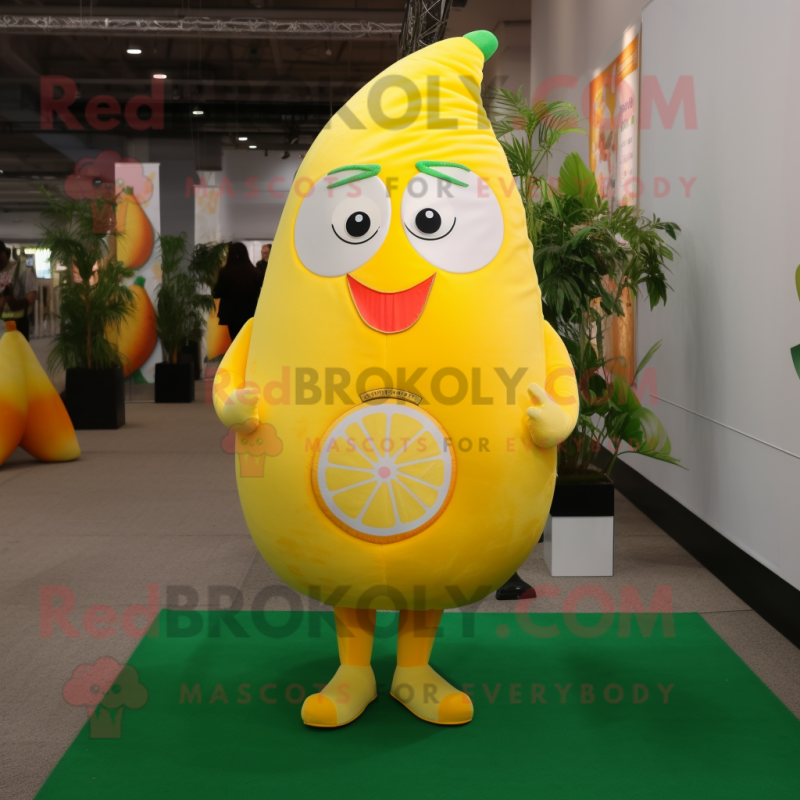 Lemon Yellow Grapefruit mascot costume character dressed with a Sheath Dress and Foot pads Lemon Yellow Grapefruit mascot costume character dressed with a Sheath Dress and Foot pads