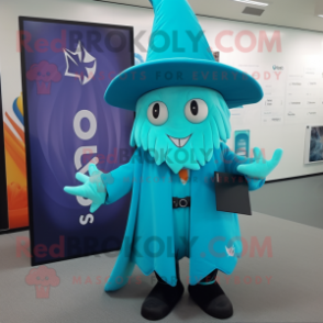 Turquoise Witch mascot costume character dressed with a Polo Tee and Pocket squares